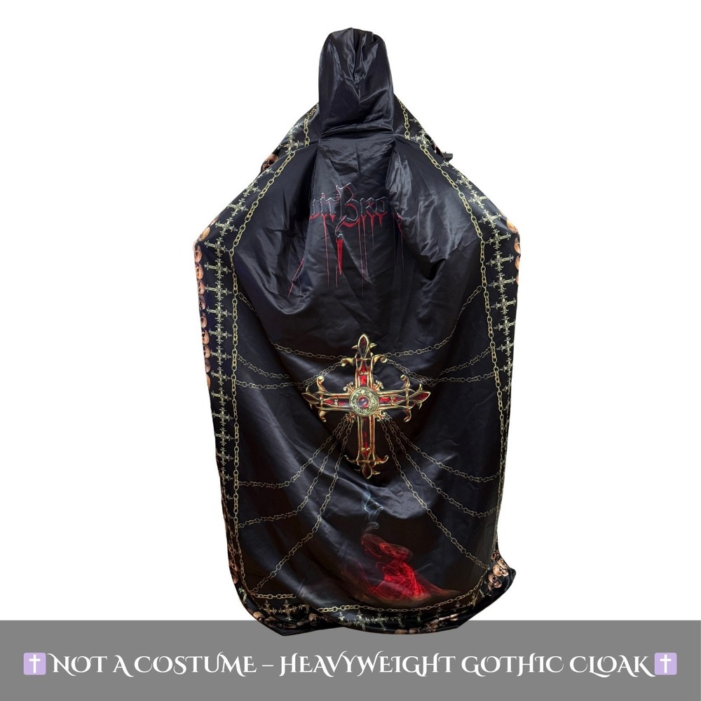 🖤 Heavy Gothic Reversible Hooded Cloak – Skull & Cross Design – Cosplay Vampire